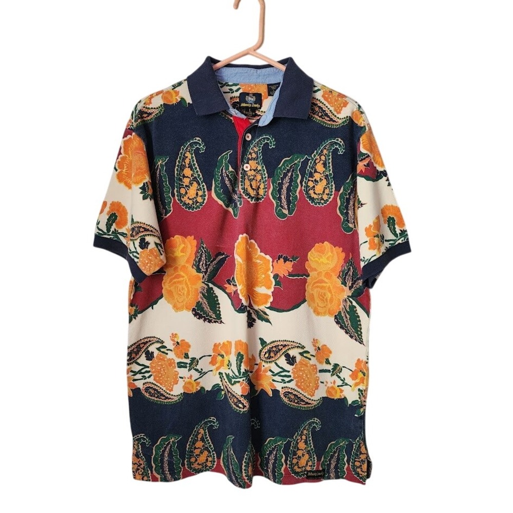 JOHNNY‎ LAMBS Paisley Floral Polo Shirt Retro Grandpacore Preppy L